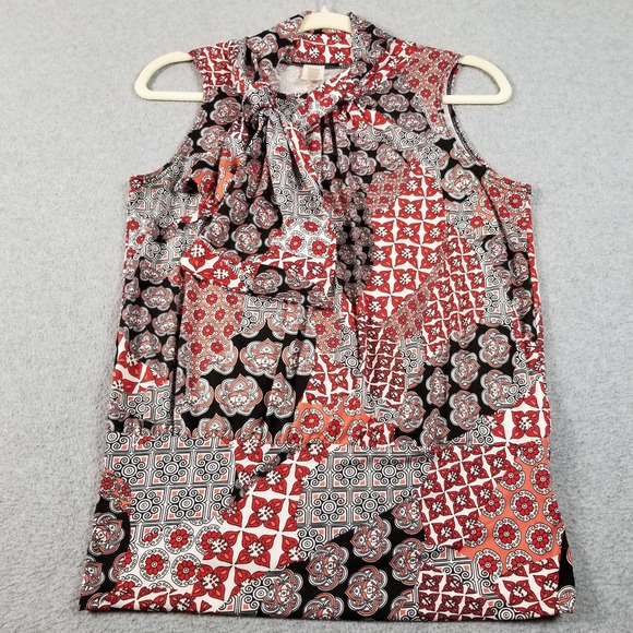 American City Wear Tops - American City Wear Blouse Womens Medium Red Black Floral Tie Neck Sleeveless Top